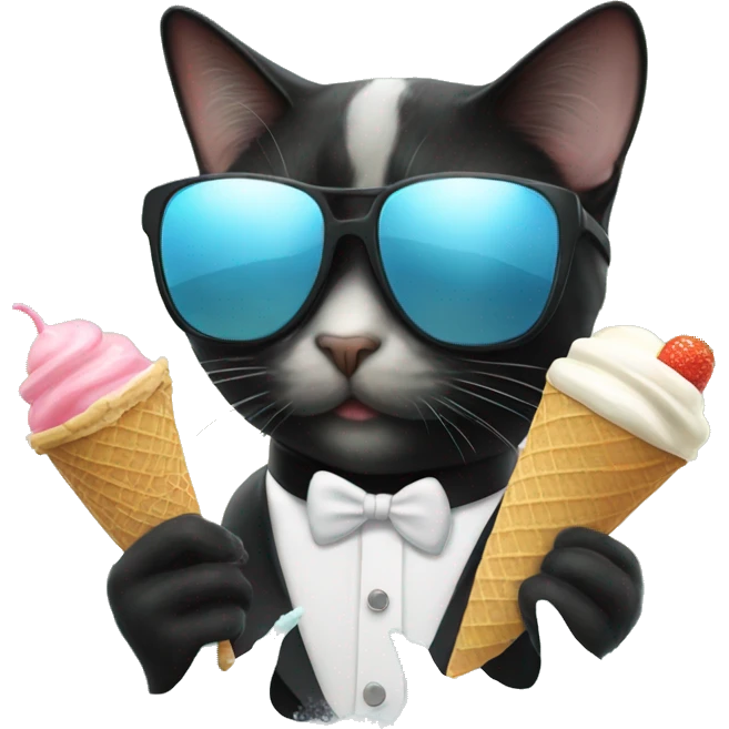 Tuxedo cat wearing sunglasses eating ice cream in the ocean emoji