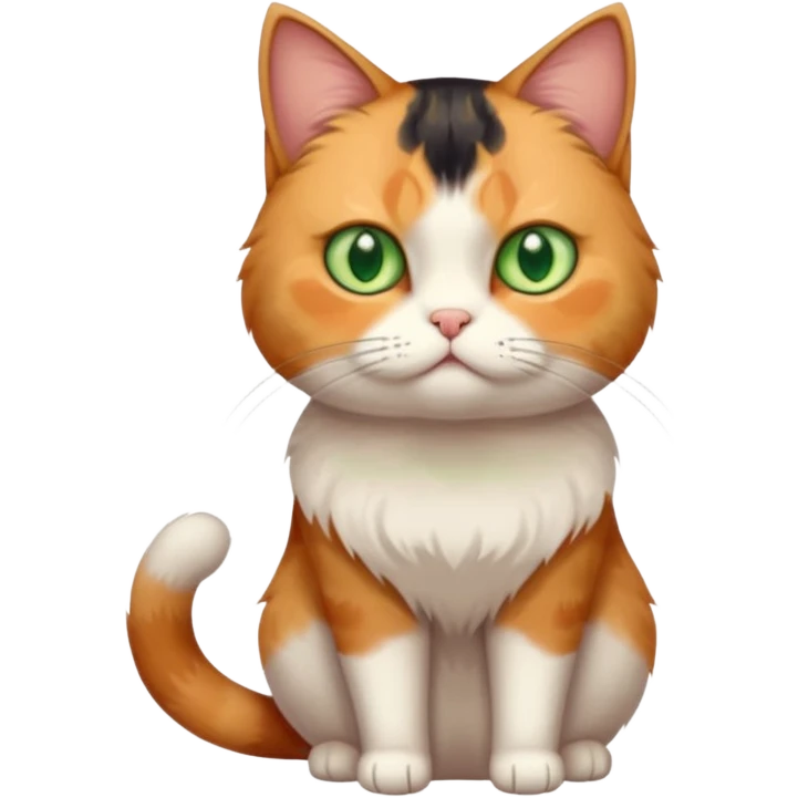 full body calico cat with skinny head and fat body with an anxious face emoji