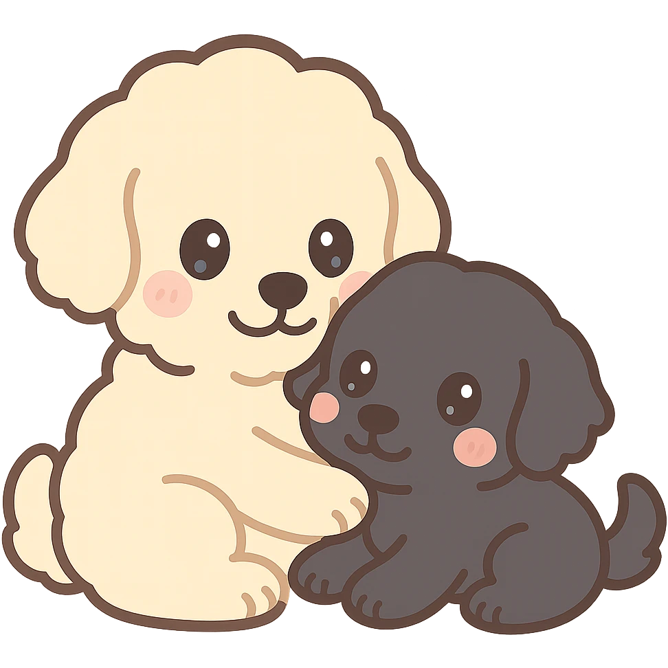 large light cream colored goldendoodle and small black golden retriever, chibi style, cuddling together emoji