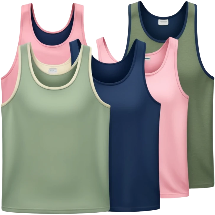 Multiple tank tops, one cream one cream one sage green one navy blue one pink emoji