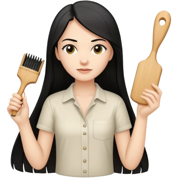A white woman with long, straight black hair, wearing an ivory-colored shirt, holding a small square wooden paddle hairbrush in her left hand and spraying a hair mist bottle with her right hand toward her hair. emoji