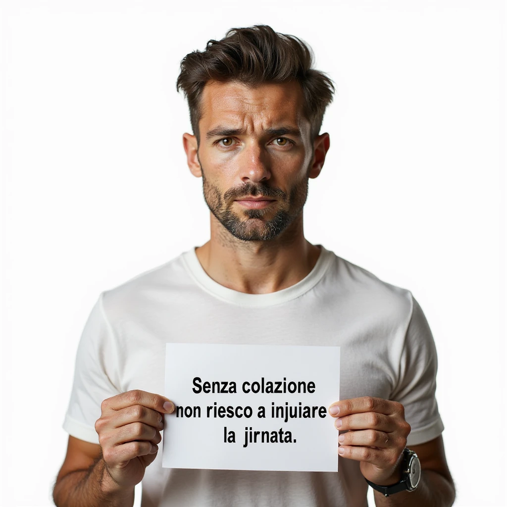 hyperrealistic 4K man on white background, isolated, saying: "Senza colazione non riesco a iniziare la giornata", convinced expression, natural pose, realistic details, text clearly visible near the face emoji