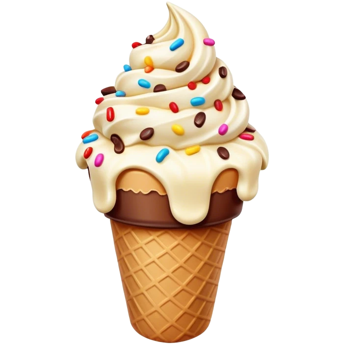 Cinematic scoop of rich, creamy ice cream, slightly melting, smooth swirls of chocolate and vanilla, colorful sprinkles on top, warm glowing background, playful and inviting. emoji