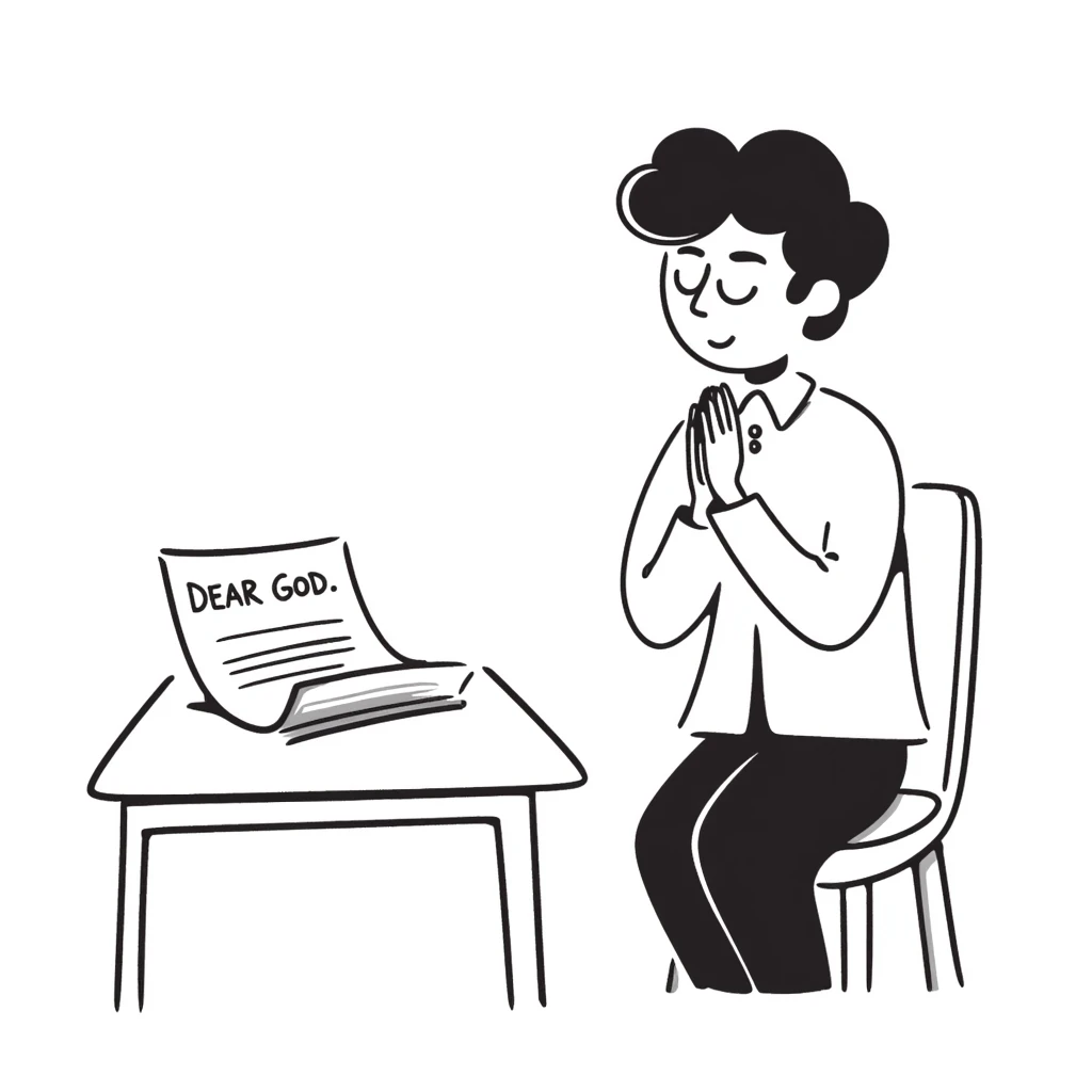 Person with prayer hands next to a paper that clearly shows "Dear God" written at the top of an essay emoji