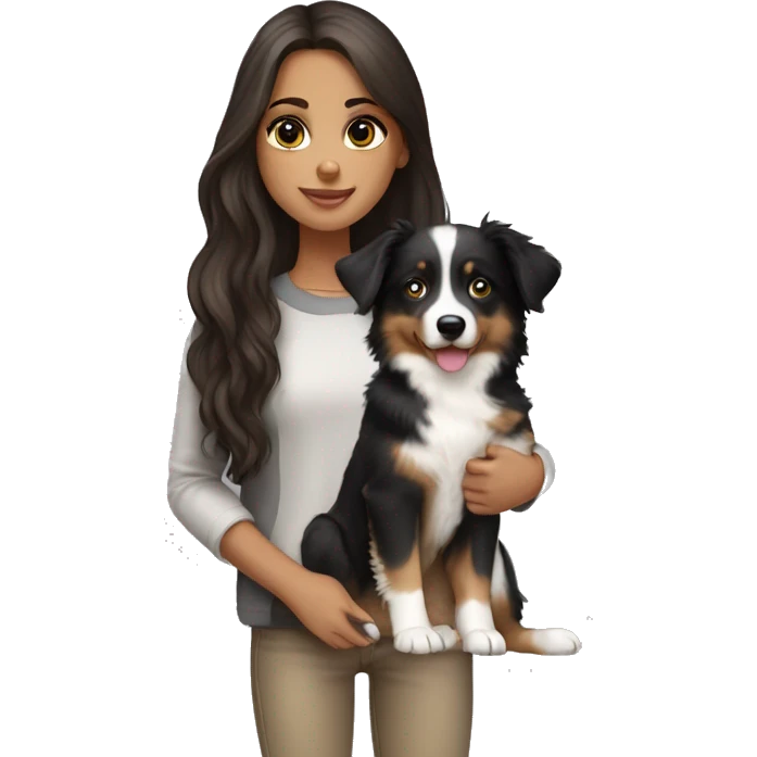 Brunette long hair light tan girl with black and white Australian shepherd puppy emoji