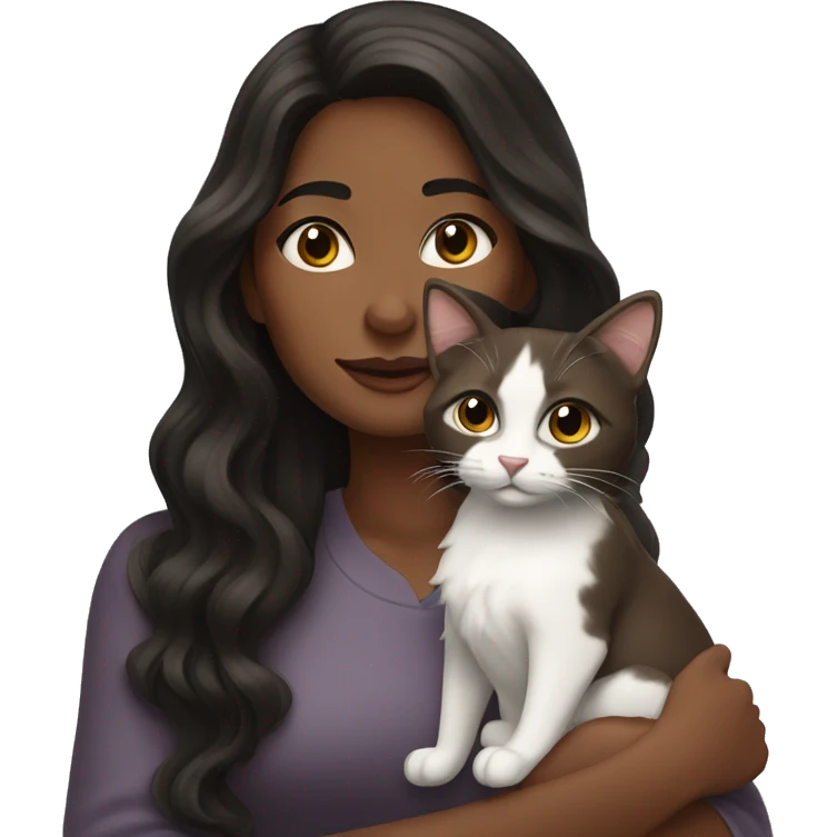 long wavy haired brown skin woman holding black and white cat emoji