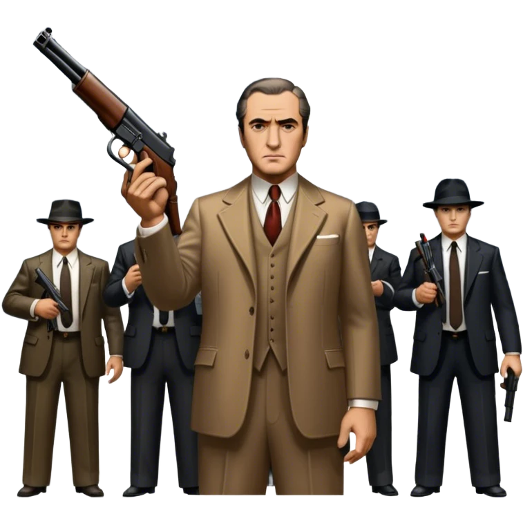 Vintage noir poster with Don Corleone surrounded by gangsters holding Thompson submachine guns. Dark and moody atmosphere with shadows, suits, and a mysterious vibe. Background features New York skyscrapers, adding to the gritty, classic gangster film feel. Transparent background. emoji