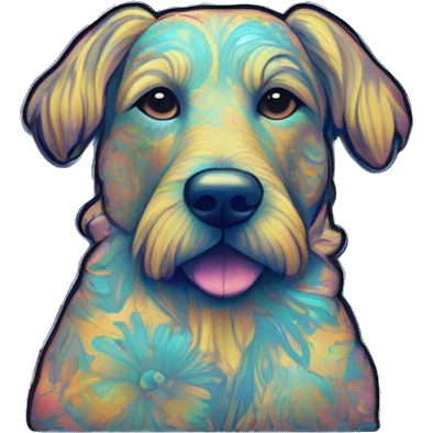 retro groovy hippie trippy floral patterns on a metallic holographic iridescent blue dog emoji