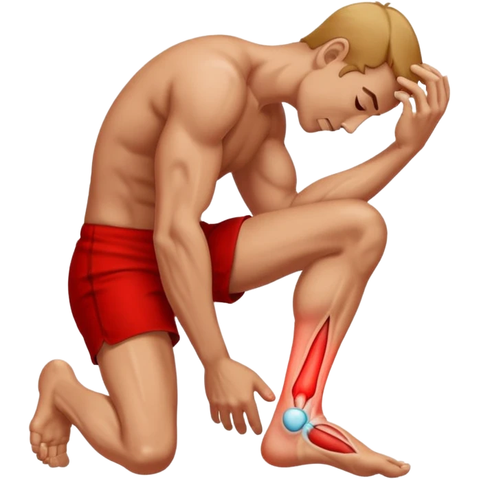 Man holding his foot in pain, muscle cramp in feet, red pain highlight on foot, simple medical emoji style, clean background emoji