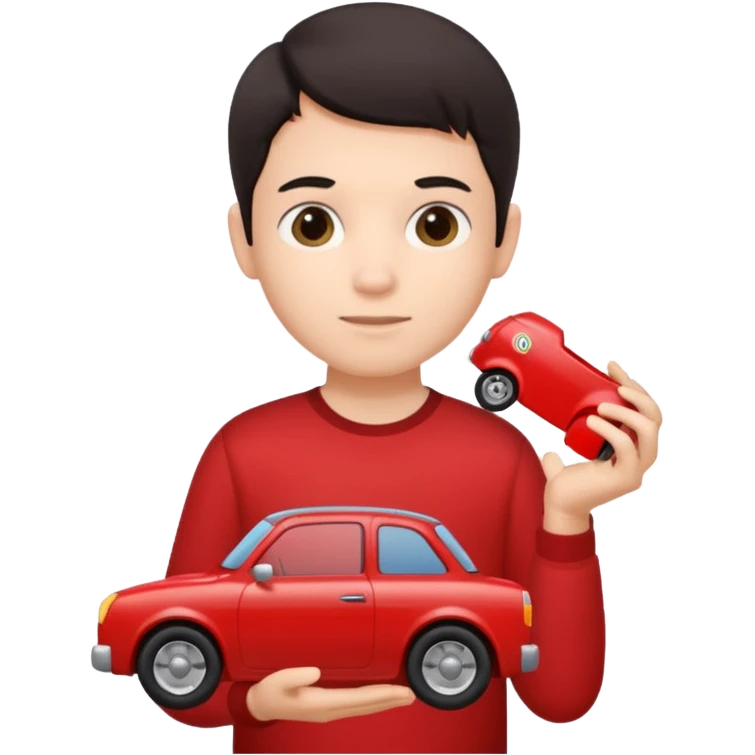 dark haired red wearing kid with toy emoji