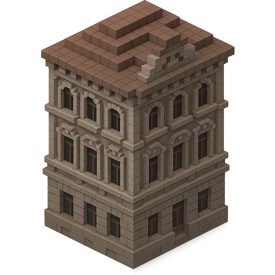 old Saint Petersburg building in voxel style, gray-brown tones, classic ornate facade, isometric view emoji