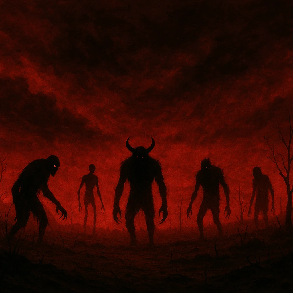 creepy banner, blood-red sky, silhouettes of monsters, barren landscape, apocalyptic horror style emoji