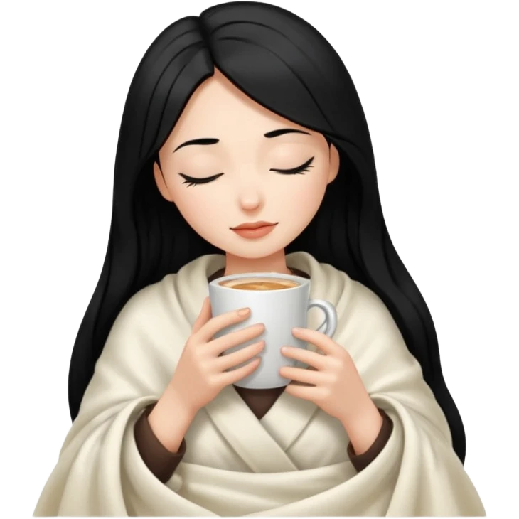 black hair girl long hair inside a white milky satin blanket sipping coffee eyes closed  emoji