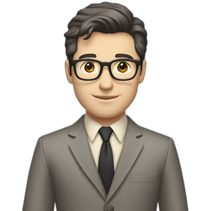 Full height Pale skinned Fit Man With dark brown hair in classic gray suit, beige office shirt, dark gray tie, and vintage glasses. His right hand is directed up emoji
