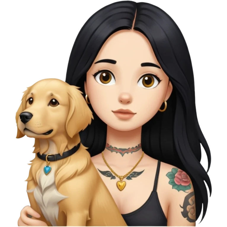 girl with long black  straight hair and chest tattoos and  a golden retriever emoji
