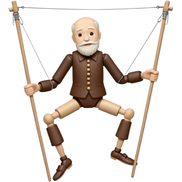 3D render of Old Man Puppet as a wooden marionette puppet, Carved wood beard, silver metal screw joints at elbows and knees, polished brown wood texture, rigid toy pose, emoji style, isolated on white background --v 6.0. emoji