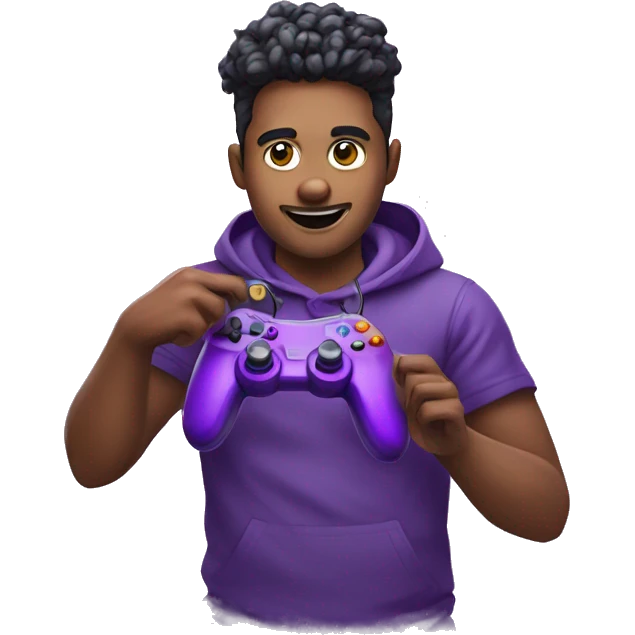 Gaming streamer with a controller in his hand and showing fun with purple color  emoji