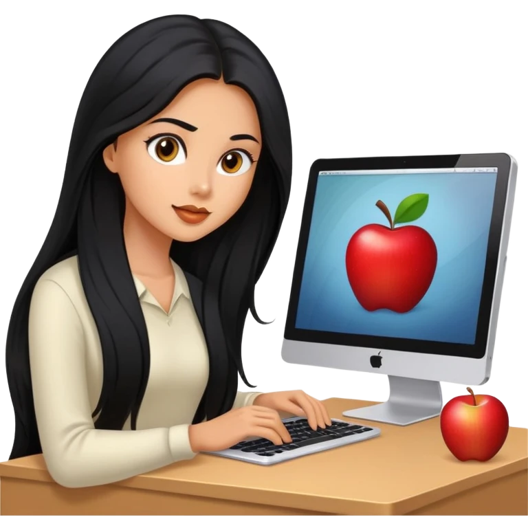 Chica linda con cabello largo negro ojos cafés piel trigueña en una computadora Apple  emoji