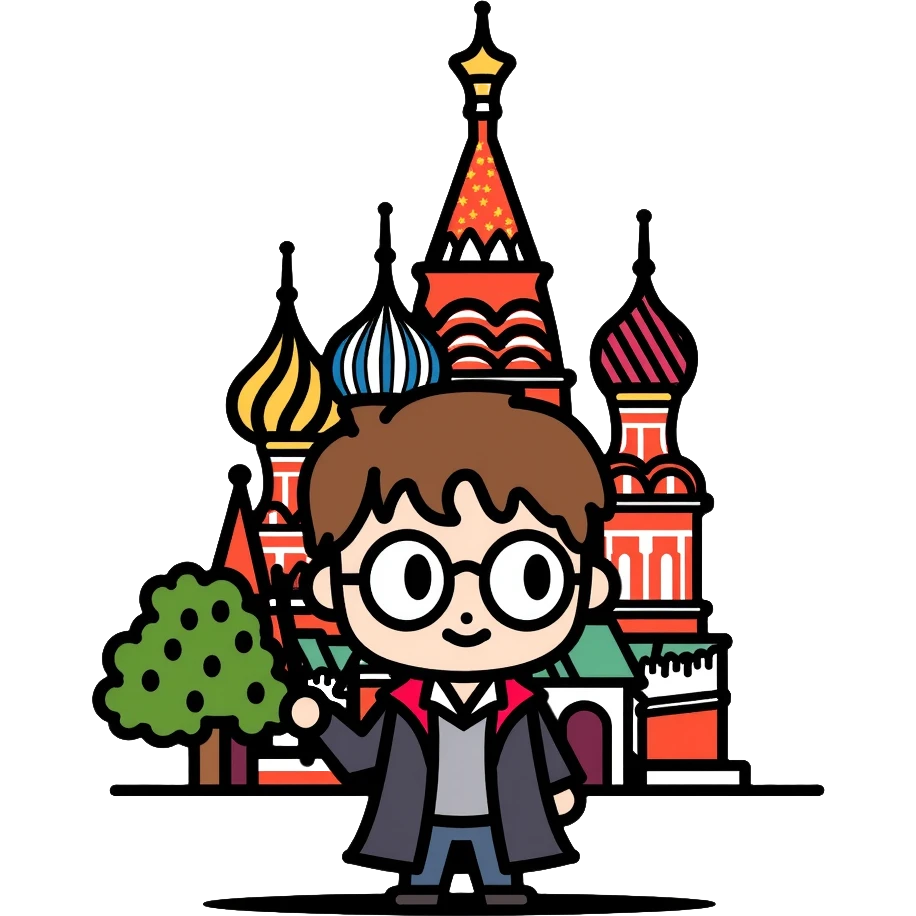 Harry Potter with glasses, lightning scar, and wand standing in front of St. Basil's Cathedral in Russia emoji