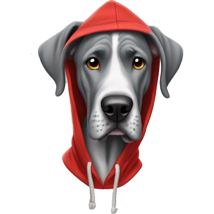 Grey Great Dane wearing a red hoodie emoji