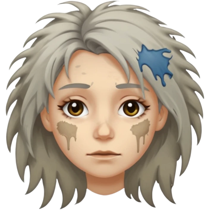 very dirty looking homeless woman very very dirty and smelly looking face only, not old with grey smudges everywhere and messy hair and lots of stains on face ugly,  emoji