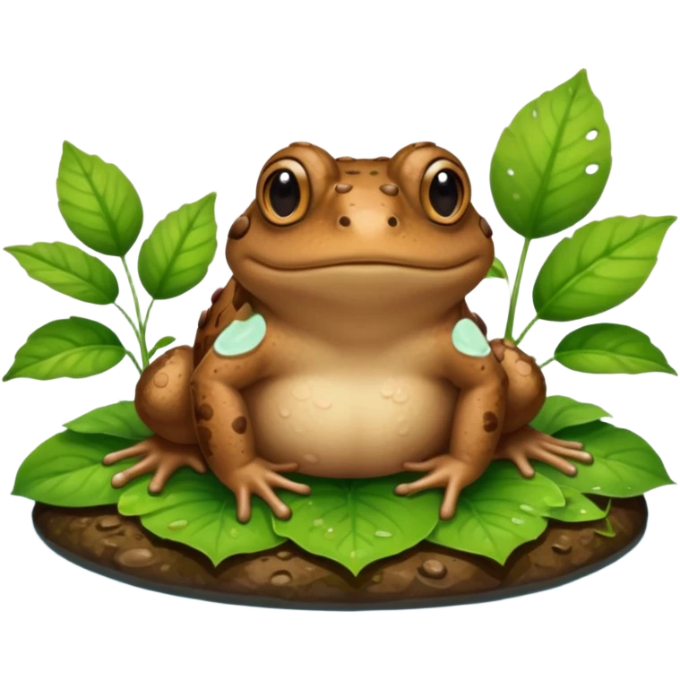 A brown toad sitting on wet ground near a pond, rough bumpy skin, natural light, green leaves around, realistic wildlife photo. emoji