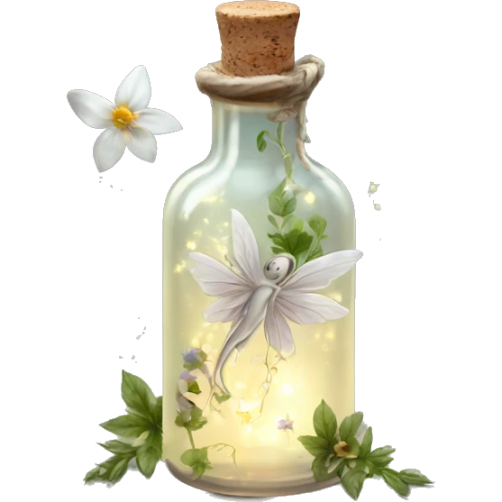 White magic fairy light sparkling old Antique bottle with poison and with herbal and flowers emoji