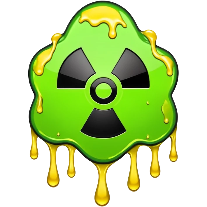radioactive hazard symbol stylized to look like it is melting. The symbol is bright neon green and toxic yellow, with smooth dripping edges like liquid. emoji