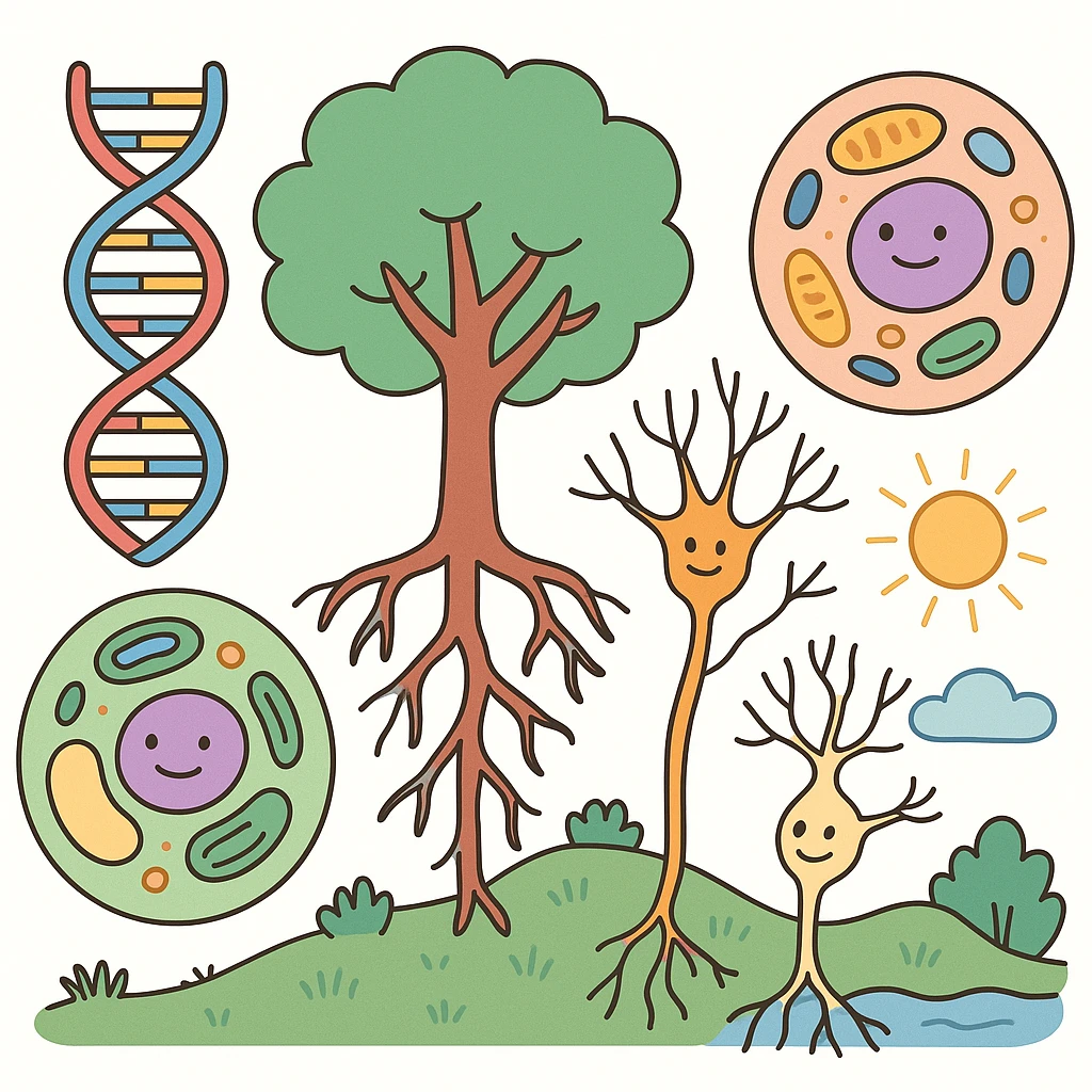 A realistic biological illustration (like in a school book) showing: DNA strands transitioning into a tree, cells with visible organelles, neurons connected to plant roots  and a balanced ecosystem background . Seamless integration, no labels or borders, complete white background (not off white!), detailed but minimalist.  emoji