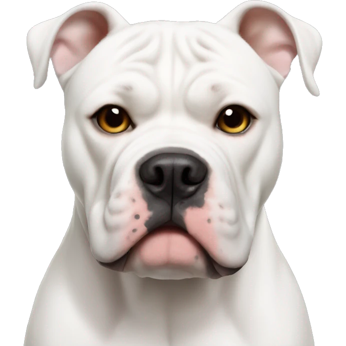 all white american bulldog with cropped ears and brown patch on one eye emoji