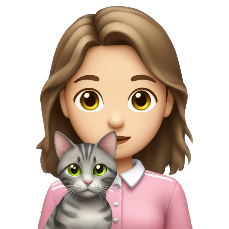 Girl with green eyes and brown hair holding her grey stripy cat that is wearing a pink collar emoji