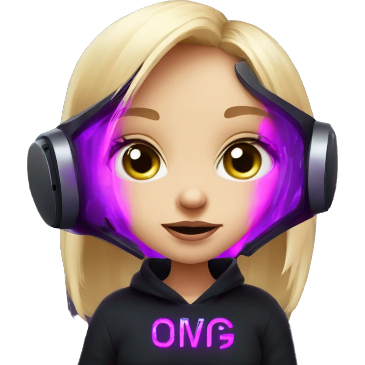 Russian cute blond girl wearing black hoody with violet letters "OMG", in vr headset. Cyberpunk style. Violet neon. emoji