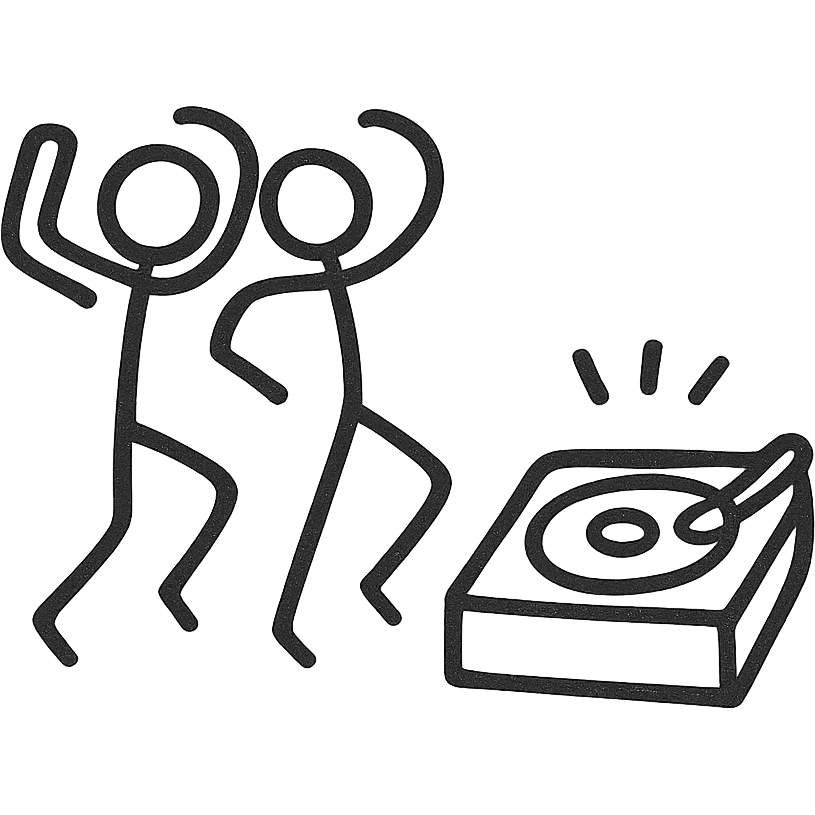 Two minimalist stick figures dancing near a record player, like a warning sign, black and white emoji