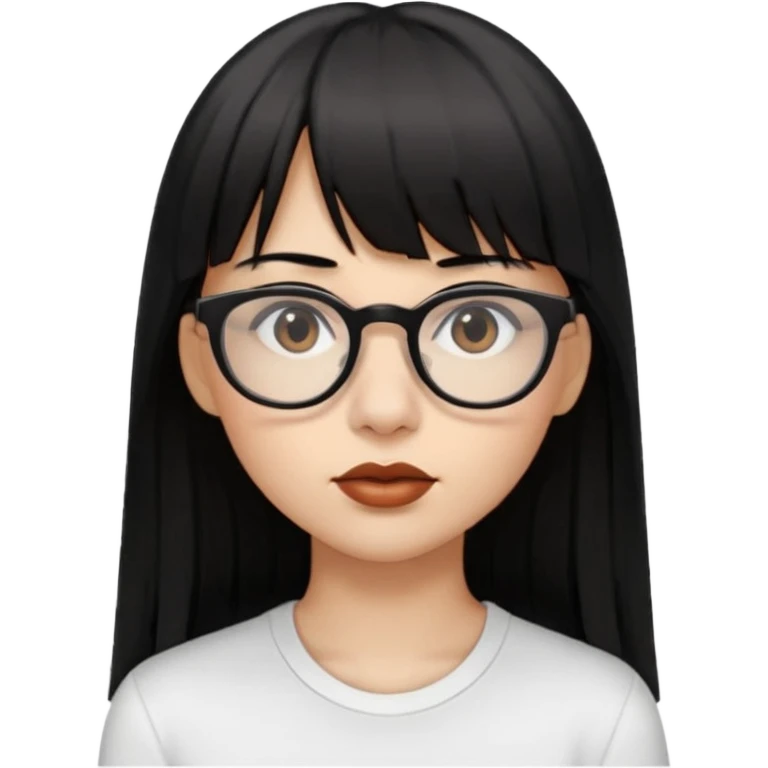 uma mulher snapchat icon, cor da pele normal, cabelo preto liso solto grande com franja, óculos pretos, com piercing na boca e nariz, olhos castanhos, camisa branca emoji
