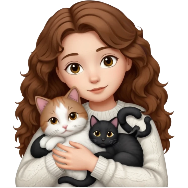 A pretty white girl with hazel brown eyes and brown wavy hair in a cosy white knit sweater, hugging a black and white cat emoji