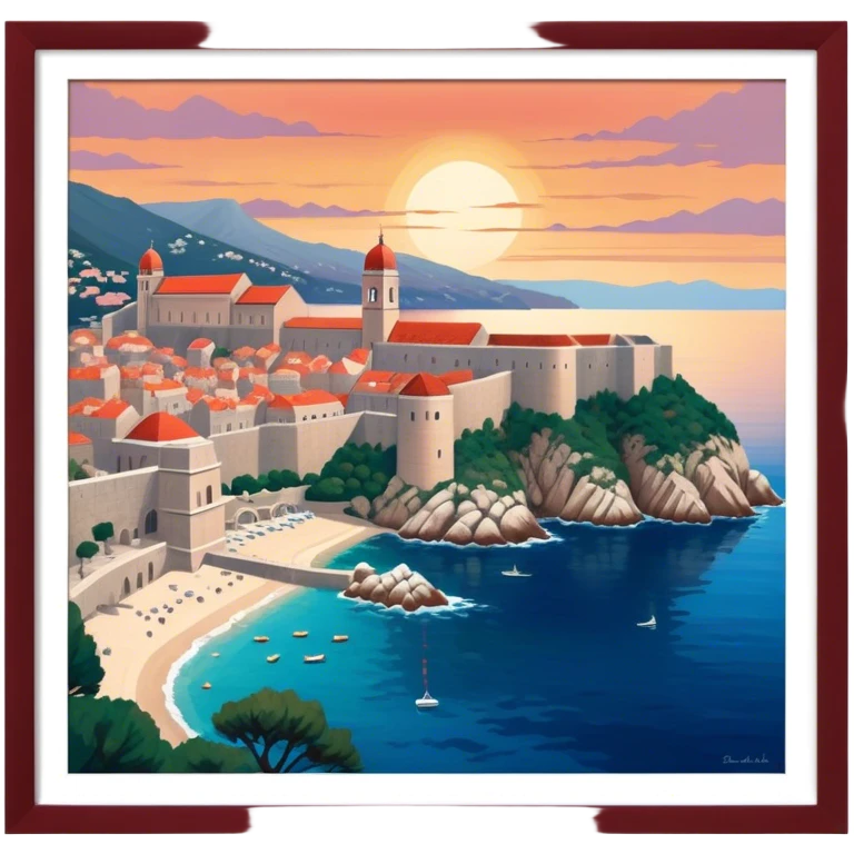 Cinematic Realistic aerial view of the historic city of Dubrovnik, showcasing its iconic red-roofed architecture, fortified walls, and sparkling Adriatic coastline, rendered with rich textures and warm Mediterranean lighting that captures its old-world charm. emoji