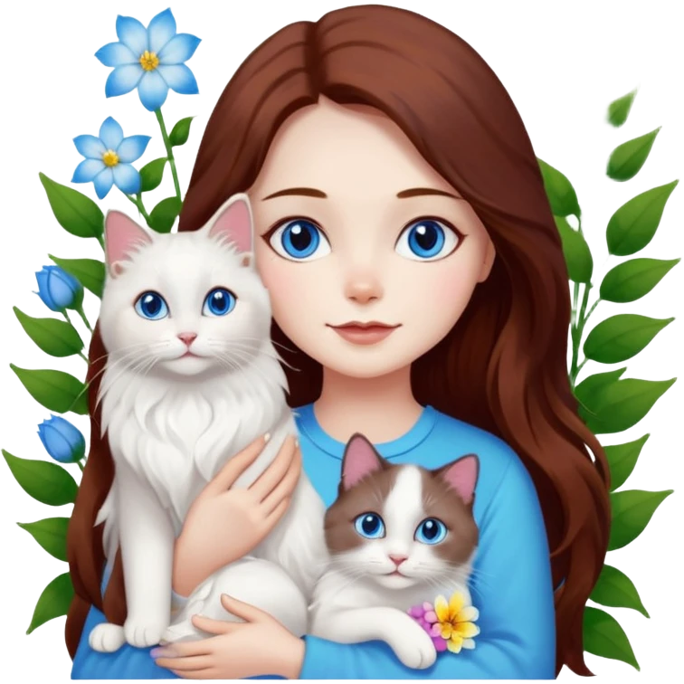 A woman with long dark auburn hair holding three white ragdoll cats in the flowers emoji
