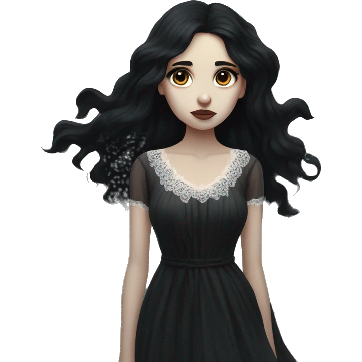Dramatic girl  very pale with dark lighting  with black hair  in river with very very long lace dress  black long hair flying in the wind sad face  white eyes emoji