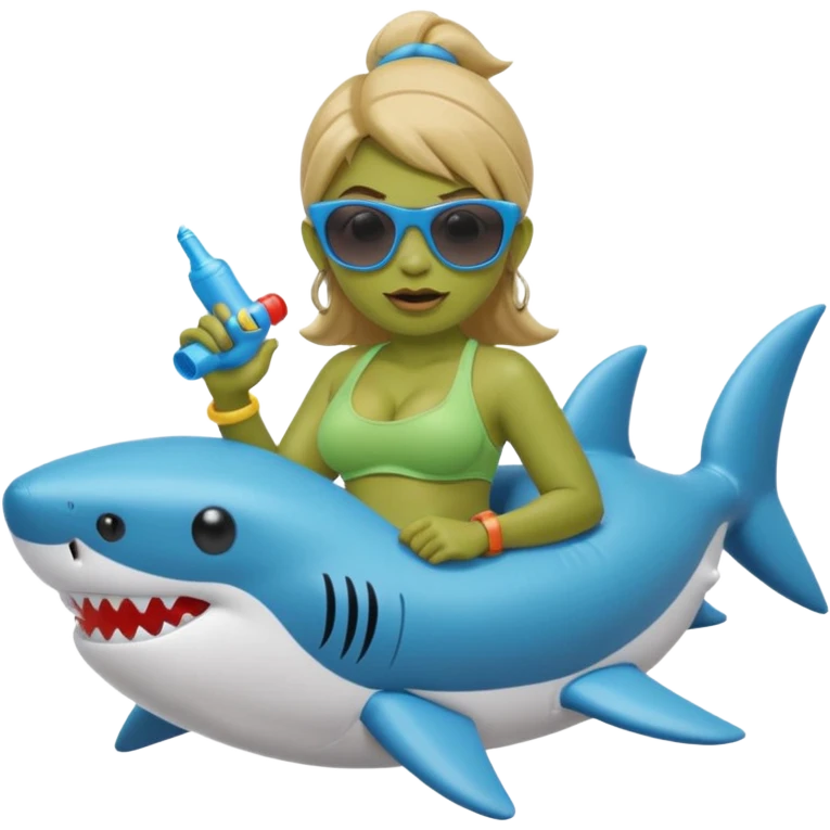 orc female sitting in an inflatable floatie shaped like a shark, wearing oversized sunglasses and a whistle on a neck cord, 2d emoji
