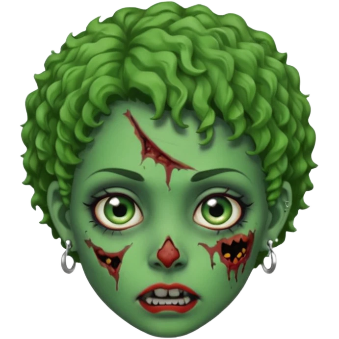 faça uma cabeça verde de zumbi femenina, com im cabelo curtinho cacheado, piercing no nariz, e brincos na orelha e várias cicatrizes emoji