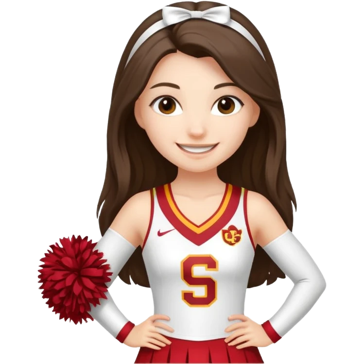 skinny white happy long haired brunette girl in a white USC cheerleader outfit emoji