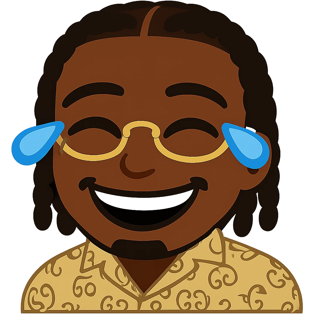 Create an emoji in the style of the provided image: a laughing face with tears of joy, keeping exactly the same dark skin tone, braided hair, golden glasses, patterned shirt, and the same general style as the reference emoji. Transparent background. emoji