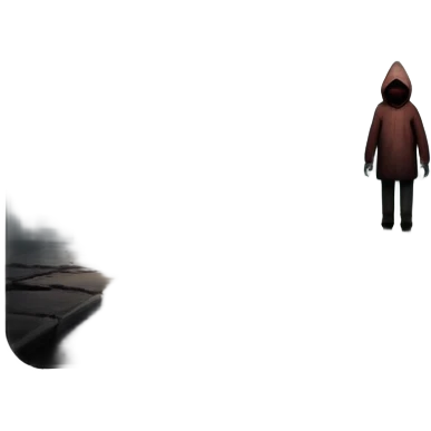 An icon representing a horror game, inspired by Silent Hill 2. The design features a foggy, eerie street with a shadowy figure in the distance. Creepy, dim lighting and dark, abandoned buildings set the tense atmosphere. Transparent background enhances the unsettling mood. emoji