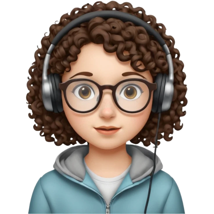 brunette kid with unique face features and very curly hair kid girl neutral and big glasess and big nose and dark eyes with freckles kind of nerd looking and headphone wearing emoji