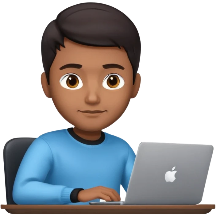 memoji of a man, apple-style, modern, dark hair, black sweater, Indian brown skin, sitting at a desk with a laptop, light blue gradient background emoji