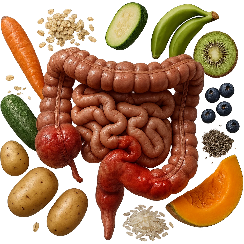 intestino umano anatomico infiammato con carota, fiocchi di avena, zucchine, kiwi, mirtilli, semi di chia, patate, banane acerbe, zucca, riso che gli fluttuano dietro, iperrealistico 4k emoji
