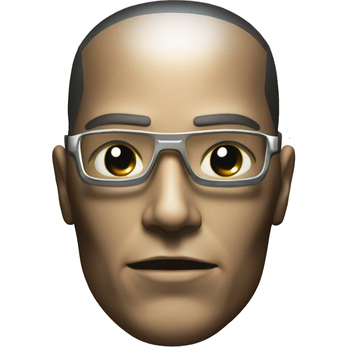 Male cyborg head with metallic plated face, brown flat top, glasses and circuits emoji