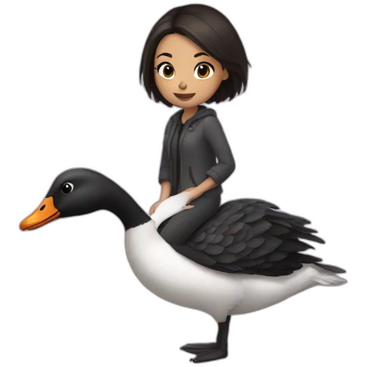 a girl with dark and short hair flies on a goose emoji