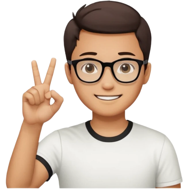 young Asian man with cool brown short hair, wearing black framed glasses, a white top, making an OK gesture with his right hand, and smiling confidently emoji