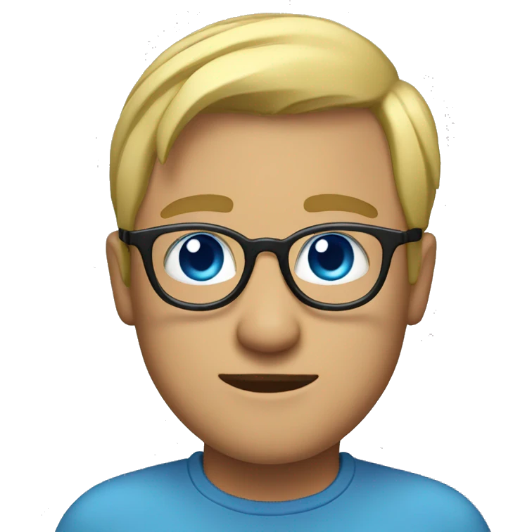 Man with blonde ponytail, round glasses and blue eye emoji